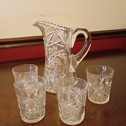 Antique Cut Glass Pitcher & Glasses