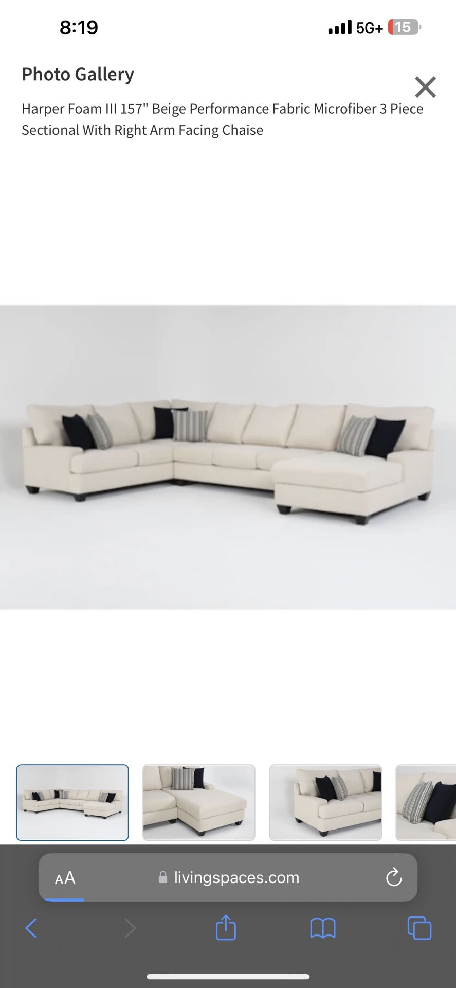 LIVING SPACES Harper Foam III 157 Beige Performance Fabric Microfiber 3 Piece Sectional With Right Arm Facing Chaise