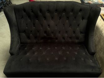 Pair of Black Velvet Tufted Wingback Settees