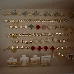Gold plated bracelets, earrings, rings