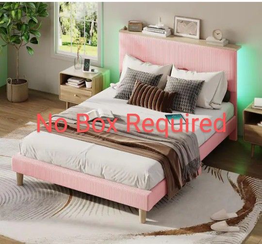 Bed Frame In Box, Full, LED, Storage, Remote, Motion Sensor, Pink Upholstery