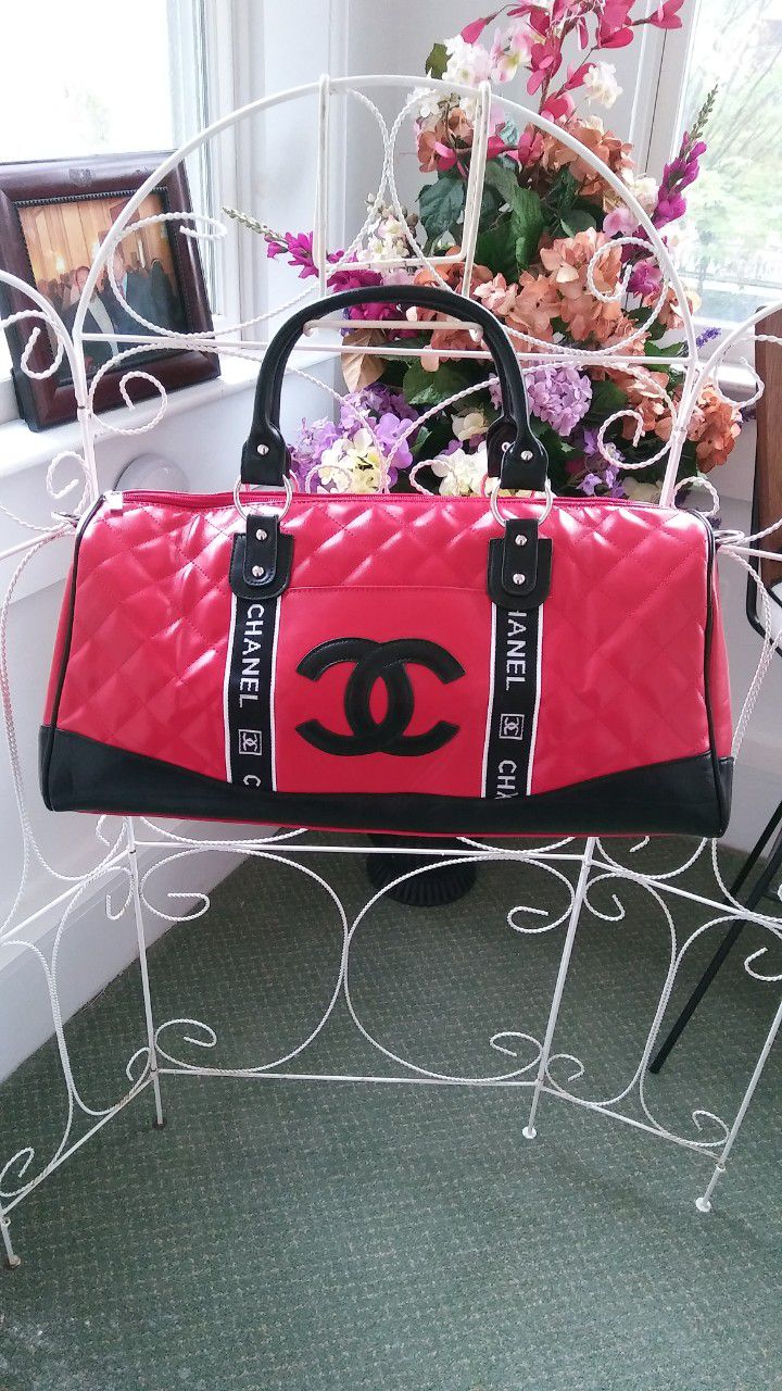 Red Chanel Travel Duffel Bag w/ Shoulder Strap