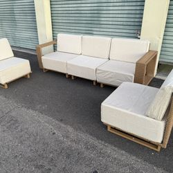 Patio Outdoor Furniture Sunshine Valley 5-Piece Wicker Patio Conversation Set with Beige Cushions