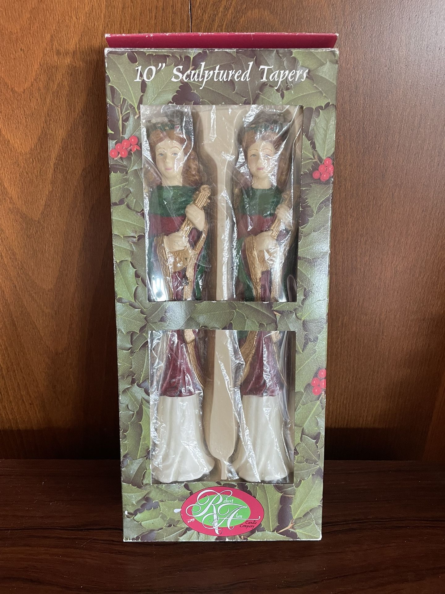 New Christmas Angel Candle Pair 10” Sculptured Tapers Gold Lute Robert Alan