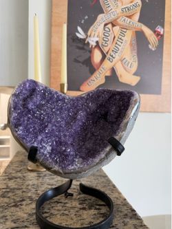 Large Natural Amethyst Geode Crystal on Metal Display Stand – Deep Purple