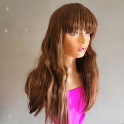 Brown Auburn Synthetic Hair Wig With Bangs 22"