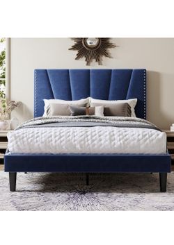 Full Size Velvet Platform Bed Frame with Adjustable Headboard, Blue