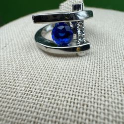 2023-PTT New Beautiful  Silver Color Blue Gemstone Geometric Ring Size 5