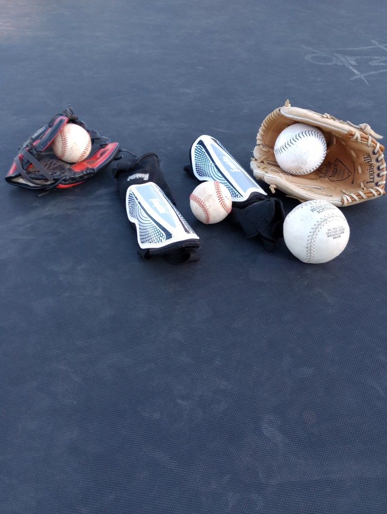 2 Softball Gloves, Guards,Balls