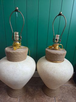 Pair of Large Ceramic & Woven Rope Style Table Lamps
