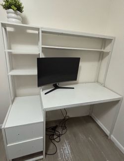 White Office Gaming Desk With Attached Shelves 55” (Monitor not included)