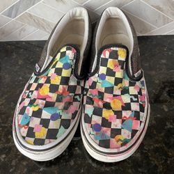 VANS Youth Size 3 Black and White Checker Slip-On Sneakers w Neon Paint Splatter