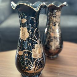 Vintage Vase, Black Mirror With Gilt Gold Flowers