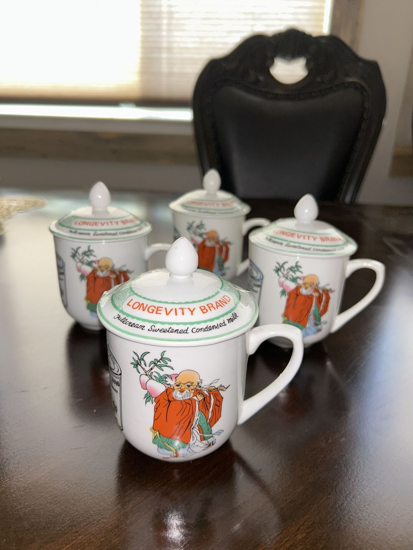 4 Vintage Cups w/lids Longevity Brand Sua Ong Tho - Sweetened Condensed Milk