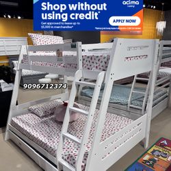 Twin/Full White Bunk bed w. Drawers & Ortho Mattresses Included 