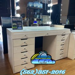 Elegant Vanity Glass top 13 Drawer Desk & Jumbo Mirror w/ Bluetooth Speaker 