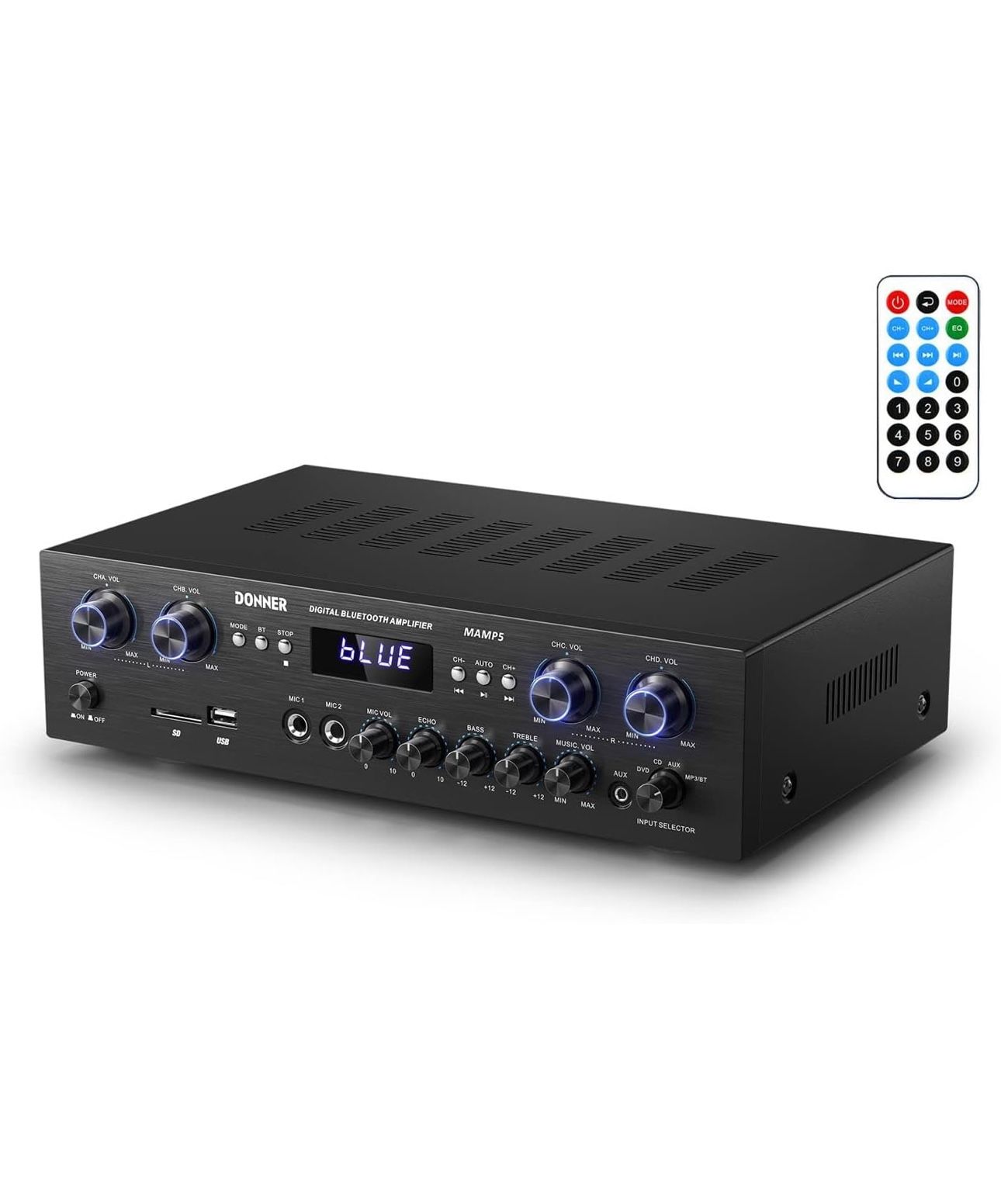 Donner Bluetooth 5.0 stereo audio amplifier receiver, 4 channels of maximum power of 440 W, home theater stereo receiver with USB, SD, FM, 2 echo micr