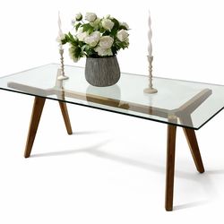 Modern Glass Dining Table / Writing Desk – Solid Wood Base