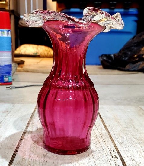 Vintage ROSSI Cranberry Glass Vase with Fluted Top