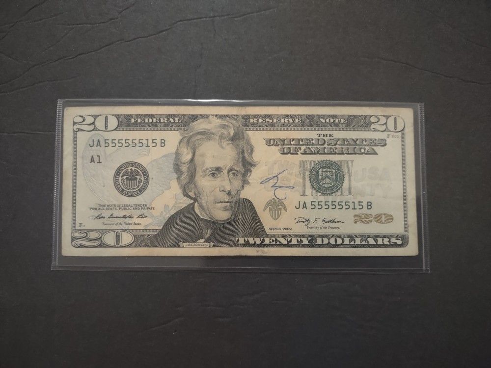 $20 Dollar Bill - Fancy Serial Number 2009, Lucky Seven of a Kind JA(contact info removed)5B