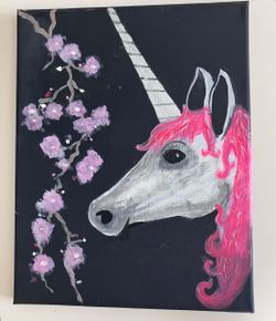 Canvas Pink Unicorn Flowers Painting Unframed 11" x