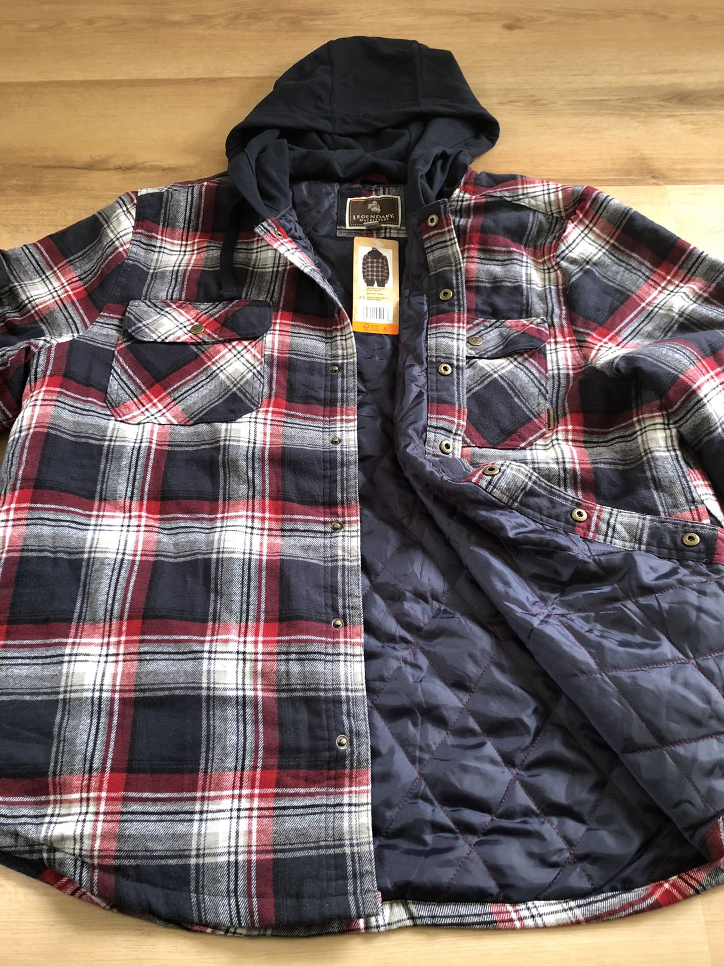 Legendary Outfitters Men Cotton Quilted Flannel Shirt Jacket With Hoodie L/ XXL
