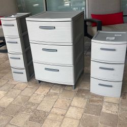 3  Plastic Cabinets Sterilite, Bright room, Firts Narrow  4 Drawers,second Medium  3 Drawers Tower Third, Outside Dimensions: 19" x 20" x 32"