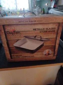 14" square covered casseeole dish. Metallic glazed Guy Fieri