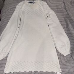 RUMORED White Eyelet Knit Mini Dress Crew Neck Long Sleeve Size S