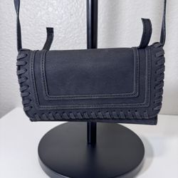 Black Vegan Leather Whipstitch Crossbody Wallet Bag