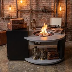 Round Patio Fire Pit Table 50,000 BTU with Storage Cabinet, Outdoor Gas Fire Table ETL Safety Indoor Coffee Table