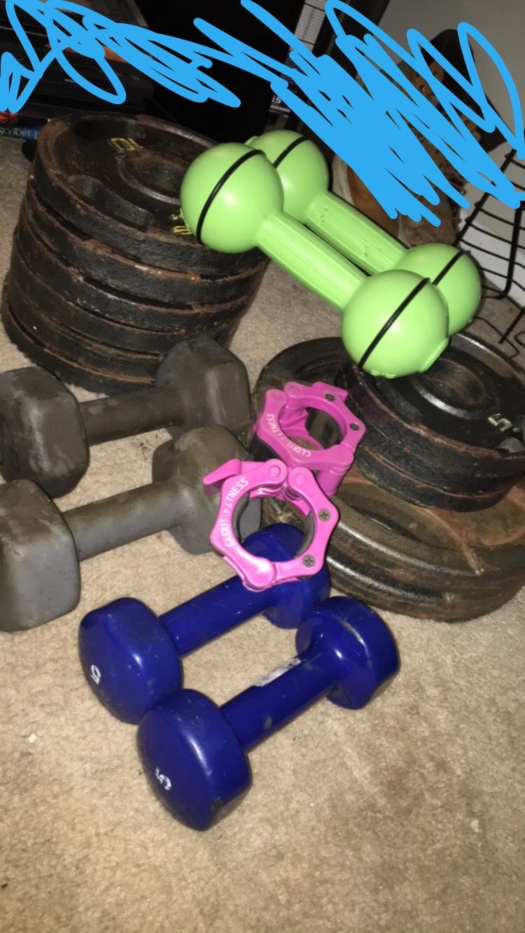 2” Weight Plates ,2” Barbell Clips, 3 Sets Of Dumbbells 