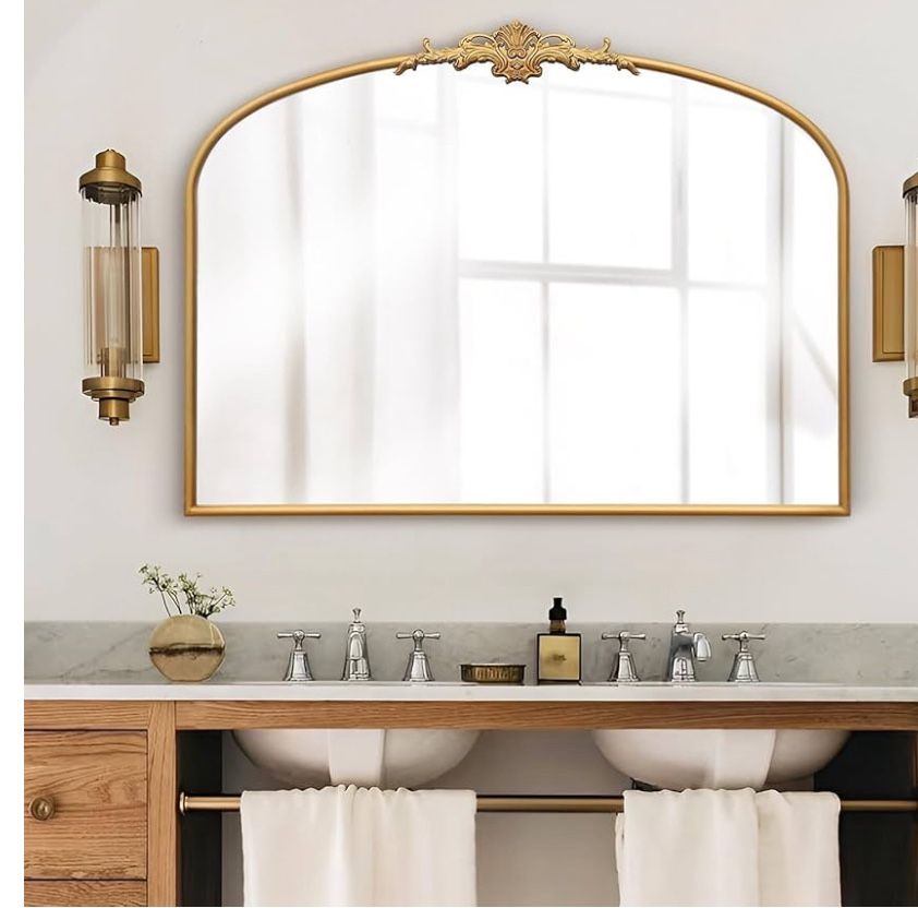 Arched Mirror, 40" x 30" Gleaming Gold Traditional Vintage Ornate Baroque Large Mirror Antique Style Wall Mounted Mirrors for Entryway, Fireplace, Liv