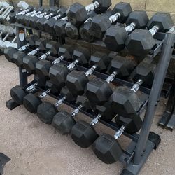 3-60lb Hex Rubber Dumbbell Set With Inspire Rack 826lbs