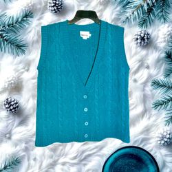 Leslie Fay Sportswear Vintage Dark Turquoise Blue Button Sweater Vest Women Medium
