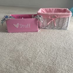 2 Pink And White Storage Baskets