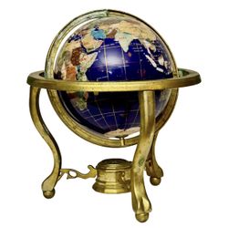 1990s Inlaid Pietra Dura Gemstone World Globe on Brass Stand