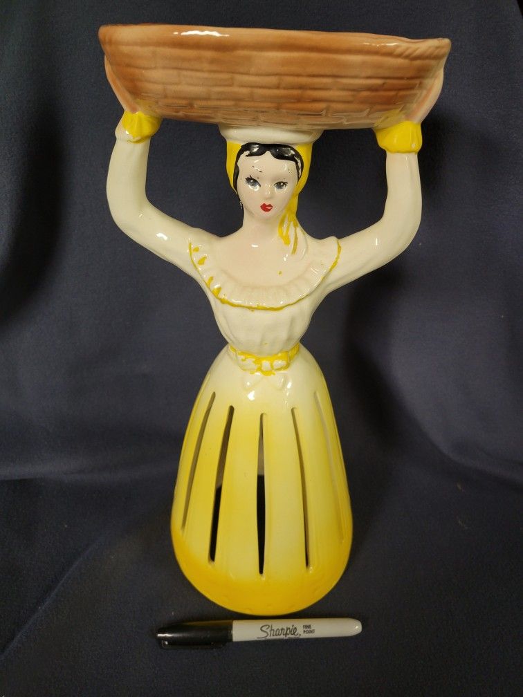 Porcelain Vintage Napkin Holder Lady With Basket Over Her Head