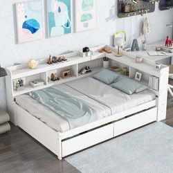 NEW Twin Size Wood Platform Bed Frame with L-shaped Bookcases,Storage Drawer, Bed White 