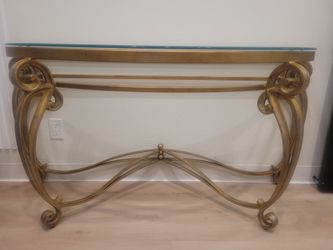 Demilune Gold Scrollwork Console Table with Glass Top