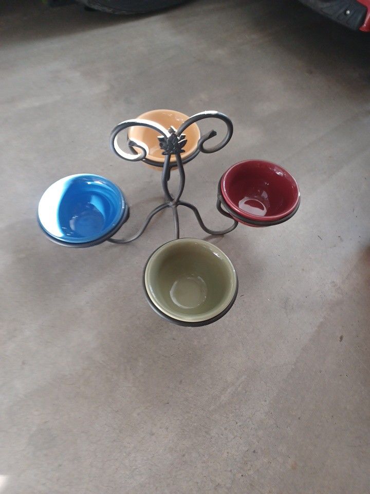 Longaberger Black Wrought Iron DESSERT BOWL CADDY + Set of 4 DESSERT BOWLS - USA