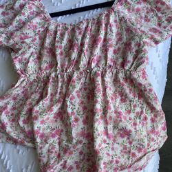Shoulder Sleeve Shirt Pink Flowers