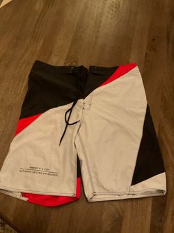 Men’s Swim trunks, white and black board shorts with red accents, size XL