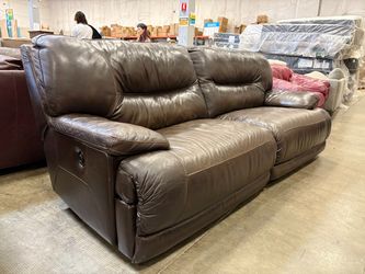 ASHLEY FURNITURE Chocolate Brown Leather Wide Seat Power Reclining Sofa