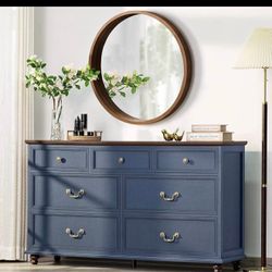 Farmhouse Dresser with 7 Drawers for Bedroom, Spacious 7-Drawer Dresser with 4 Wooden Legs, Large Rustic Vintage Wardrobe Storage Organizer for Hallwa