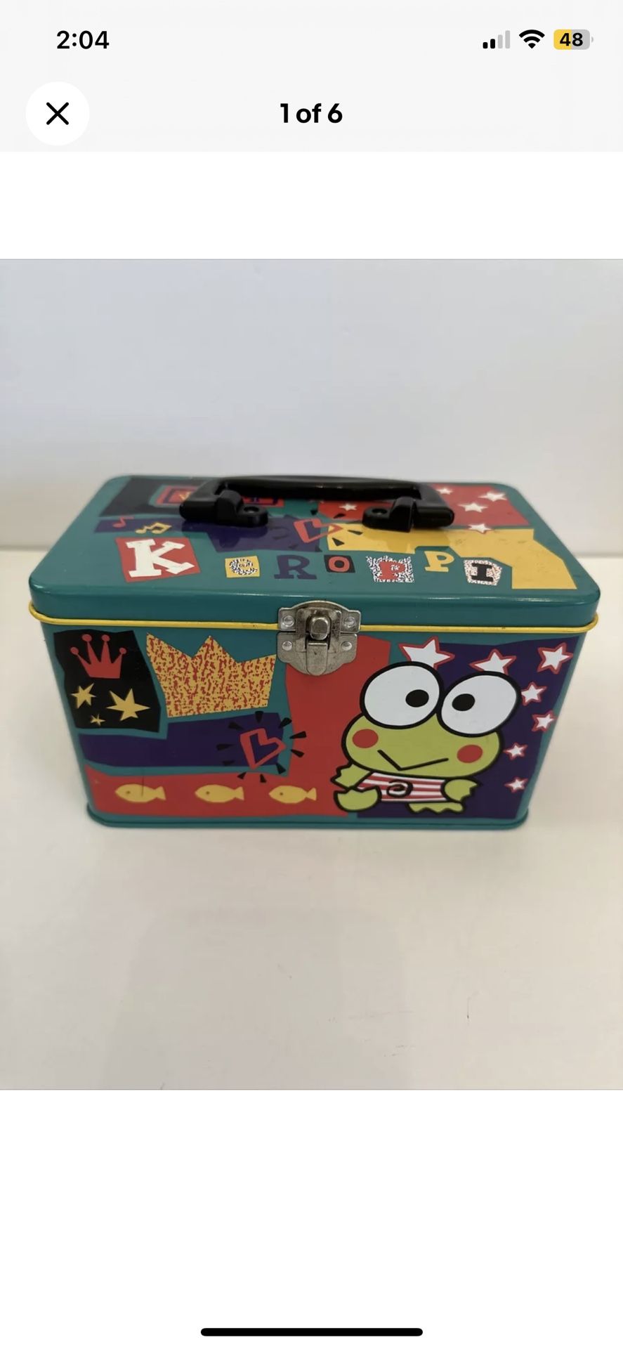 Vintage Sanrio Keroppi Frog Metal Green Tin Handle Storage Case Lunch Box Rare
