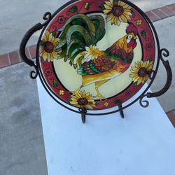 Beautiful Rooster Art Glass Tray With Stand