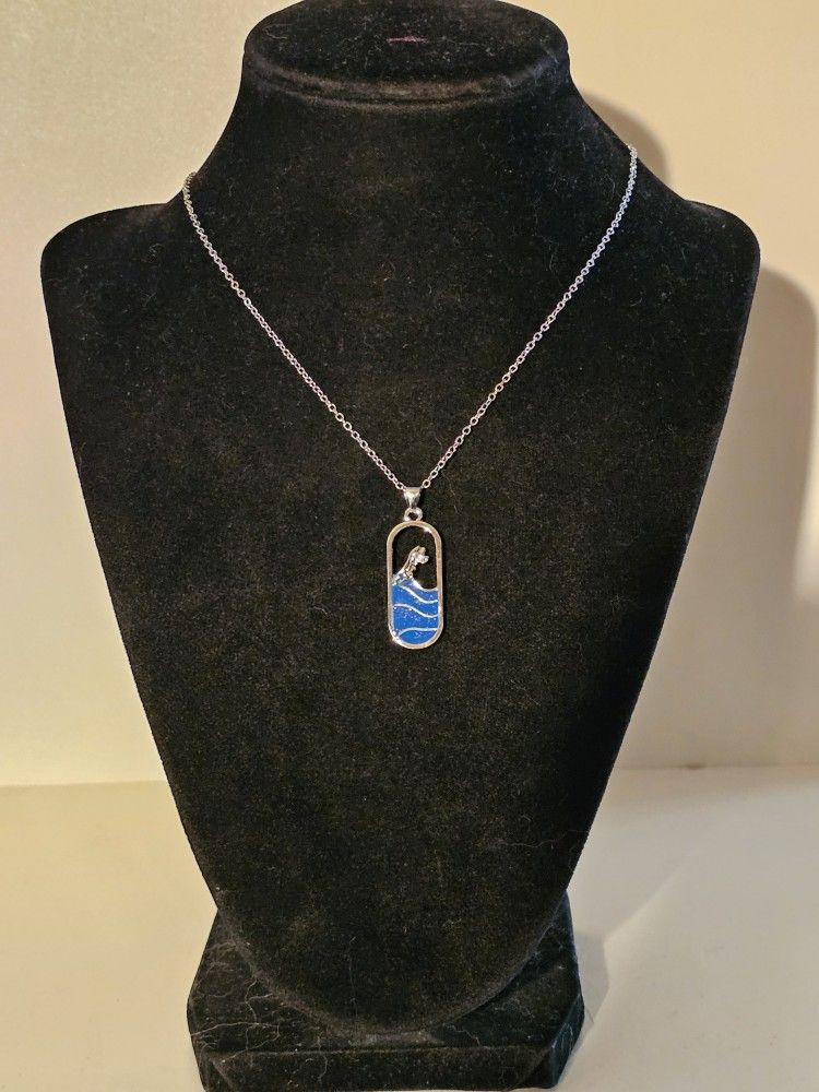 New Silver Blue Fire Opal Wave Necklace
