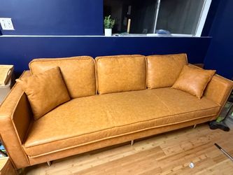 Caramel Leather 3-Seat Sofa with Throw Pillows