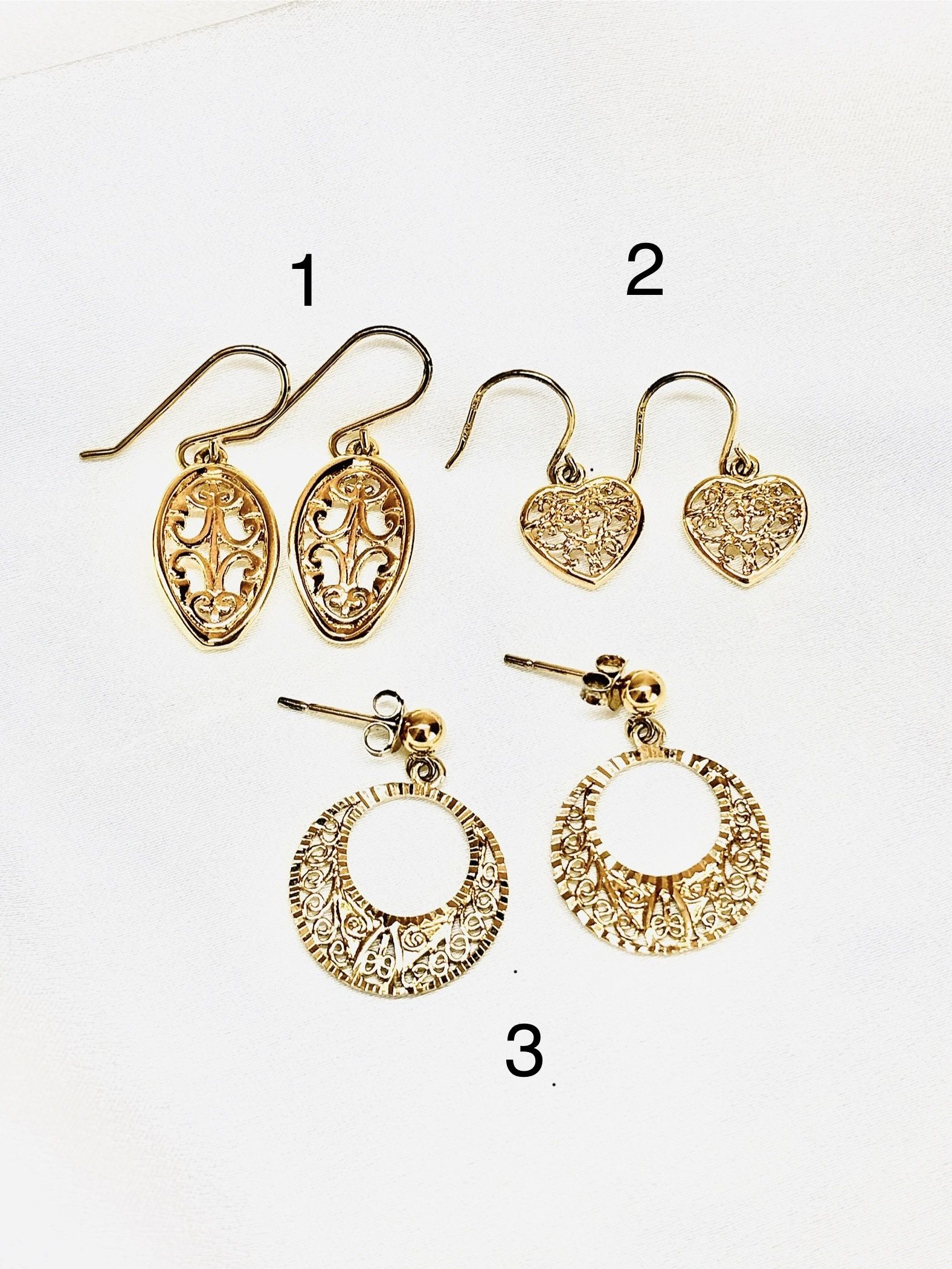 Gold Tone Filigree Earrings Set β Vintage Dangle Collection (Sterling Silver Base)